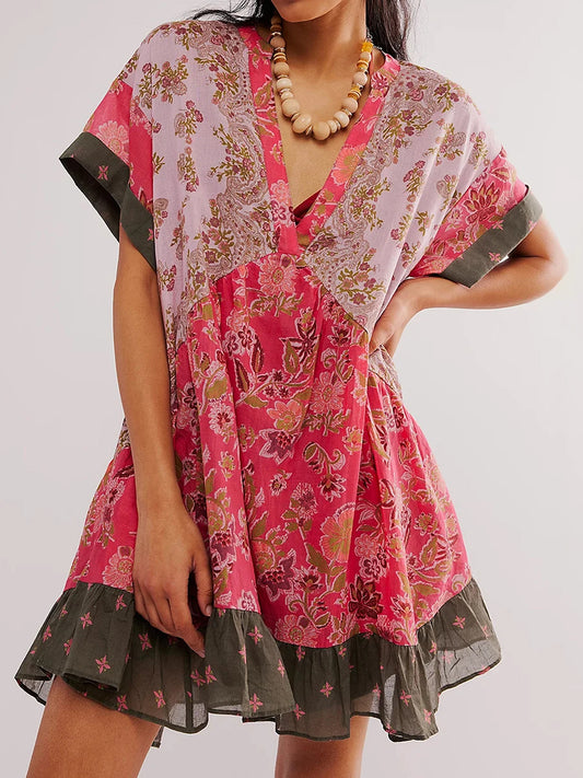 Women s Sleeveless Dress with Ruffle Hem in Tropical Print Summer Boho Beach Dress with Pockets