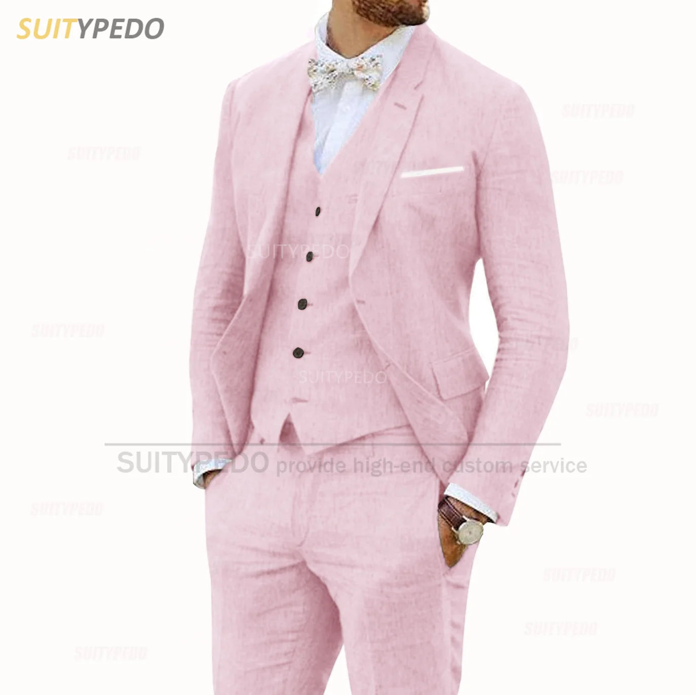 Linen Suits for Men 3 Pieces Casual Slim Fit Suit Blazer Vest Pants Set Formal Prom Wedding Tuxedos for Groomsmen Best Man
