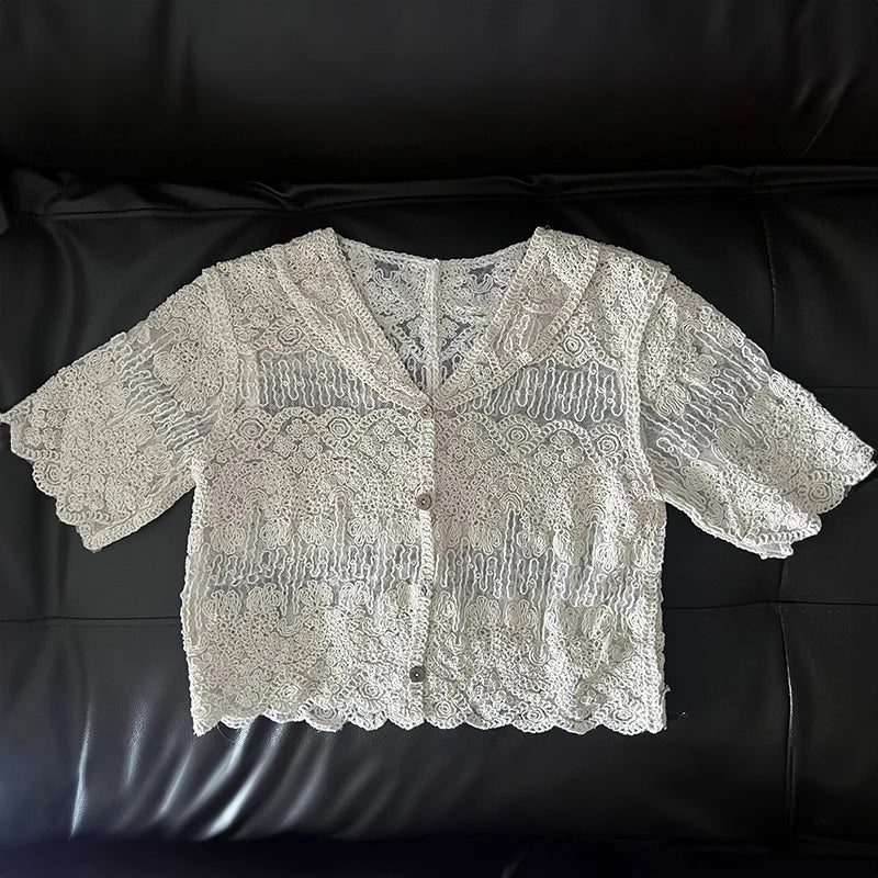 Sheer Embroidery Lace Blouse Cover Up Top Short Sleeve Button Front Women Summer Boho Vacation Outfit