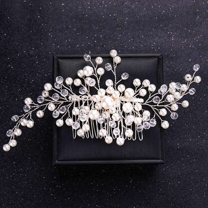 Handmade Silver Crystal Flower Hair Comb Pearl Rhinestone Flower Hair Combs For Women  Hair Jewelry Wedding Hair Accessorie