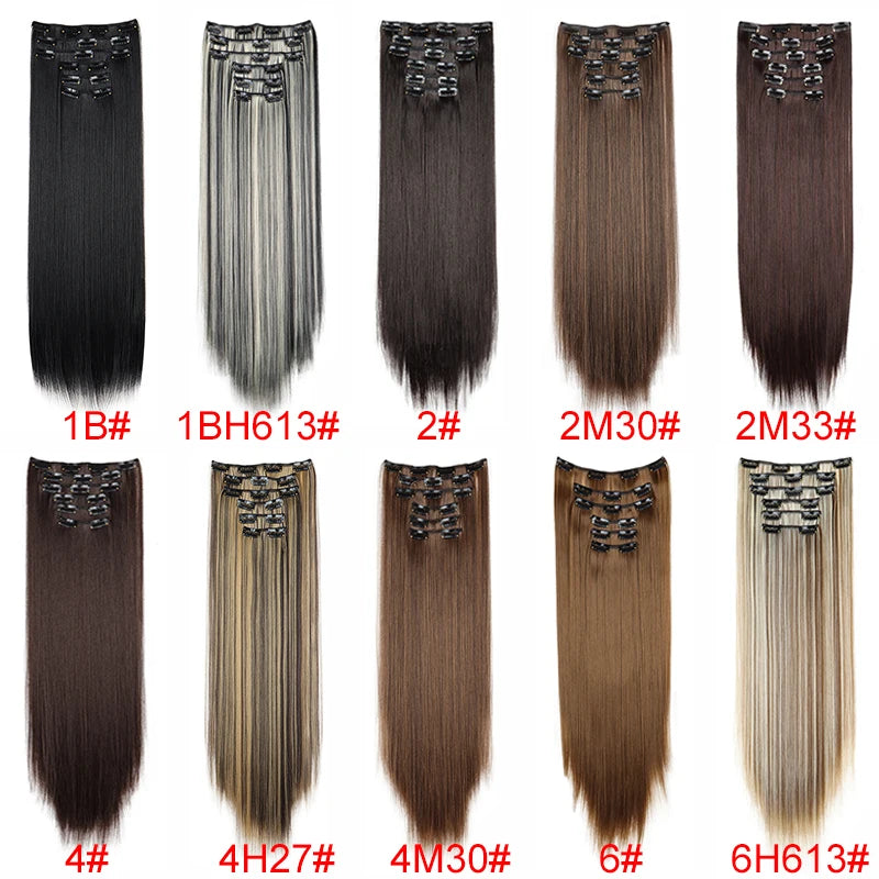 Synthetic 24Inch 16 Clips in Hair Extensions Long Straight Hairstyle Hairpieces Heat Resistant False Hair Daily Use