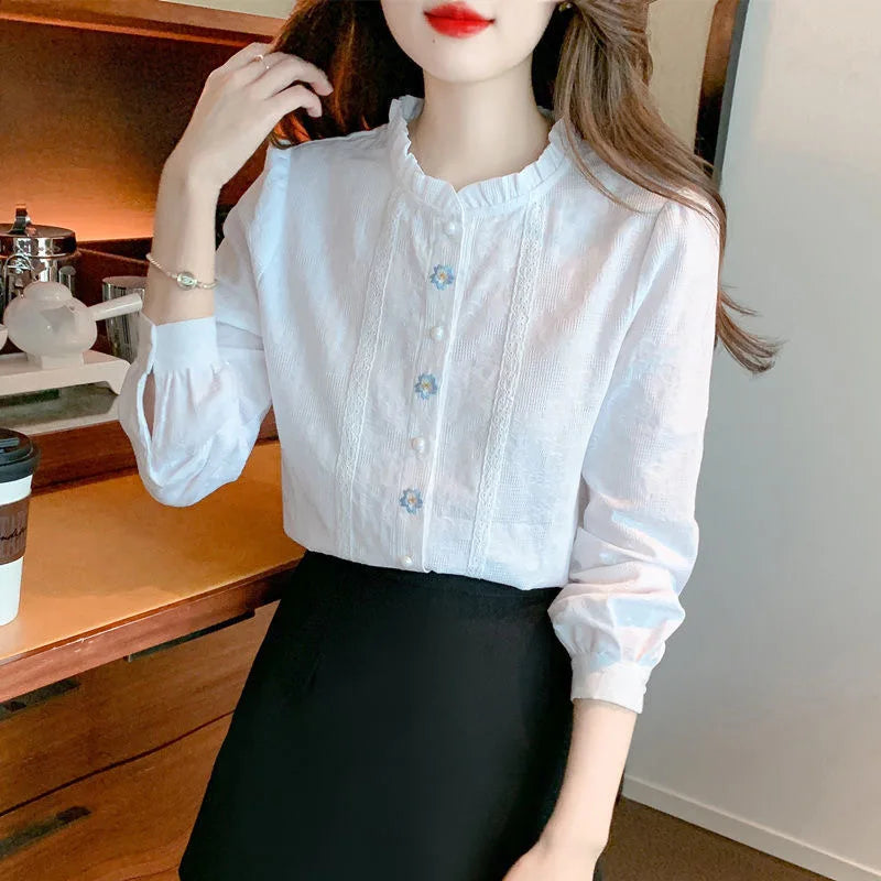 Embroidery Women's Spring Autumn Blouses Lady Casual Long Sleeve Stand Collar Solid Color