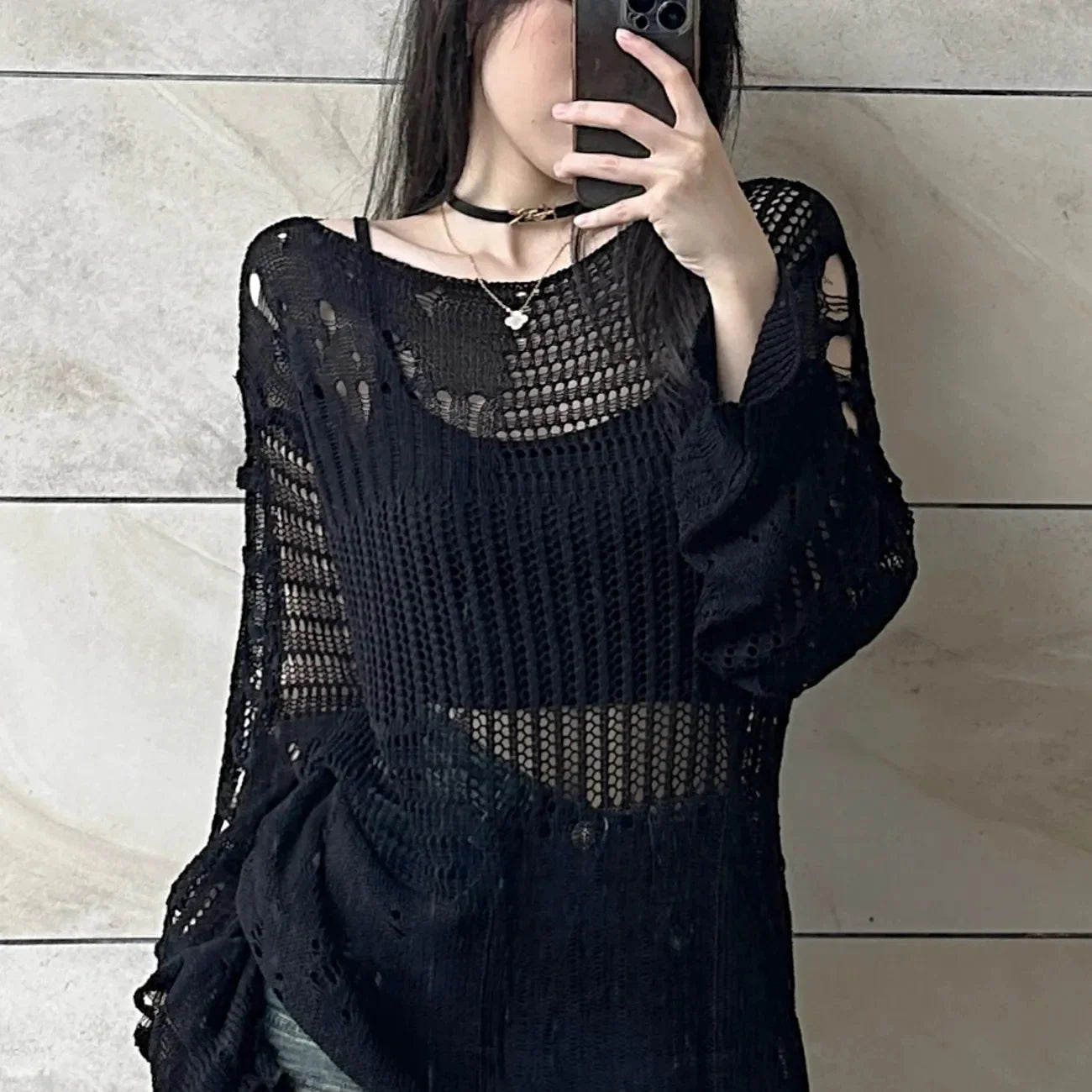 Hollow Knit  Loose Fitting Long Sleeve  Vintage Gothic Blouses