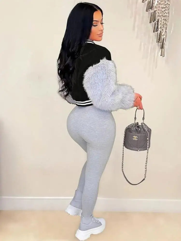 Women Faux Fur Sleeve Cropped Baseball Jacket Casual Letterman Coat