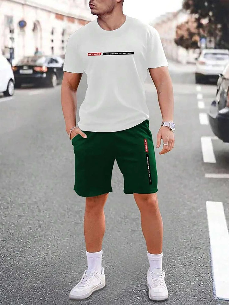 Urban street fashion trend men's crew neck short sleeve suit outdoor simple crew neck top casual and comfortable shorts