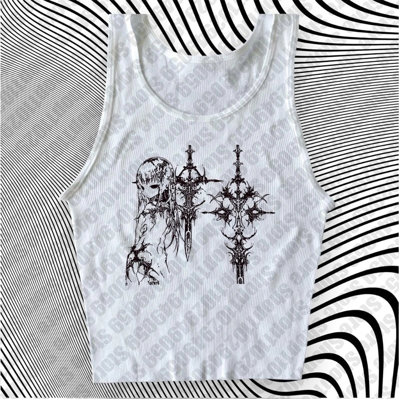 Aesthetic Sweet Sexy Tank Tops Women Sleeveless Casual Cartoon Print Tanks  All Match Cropped
