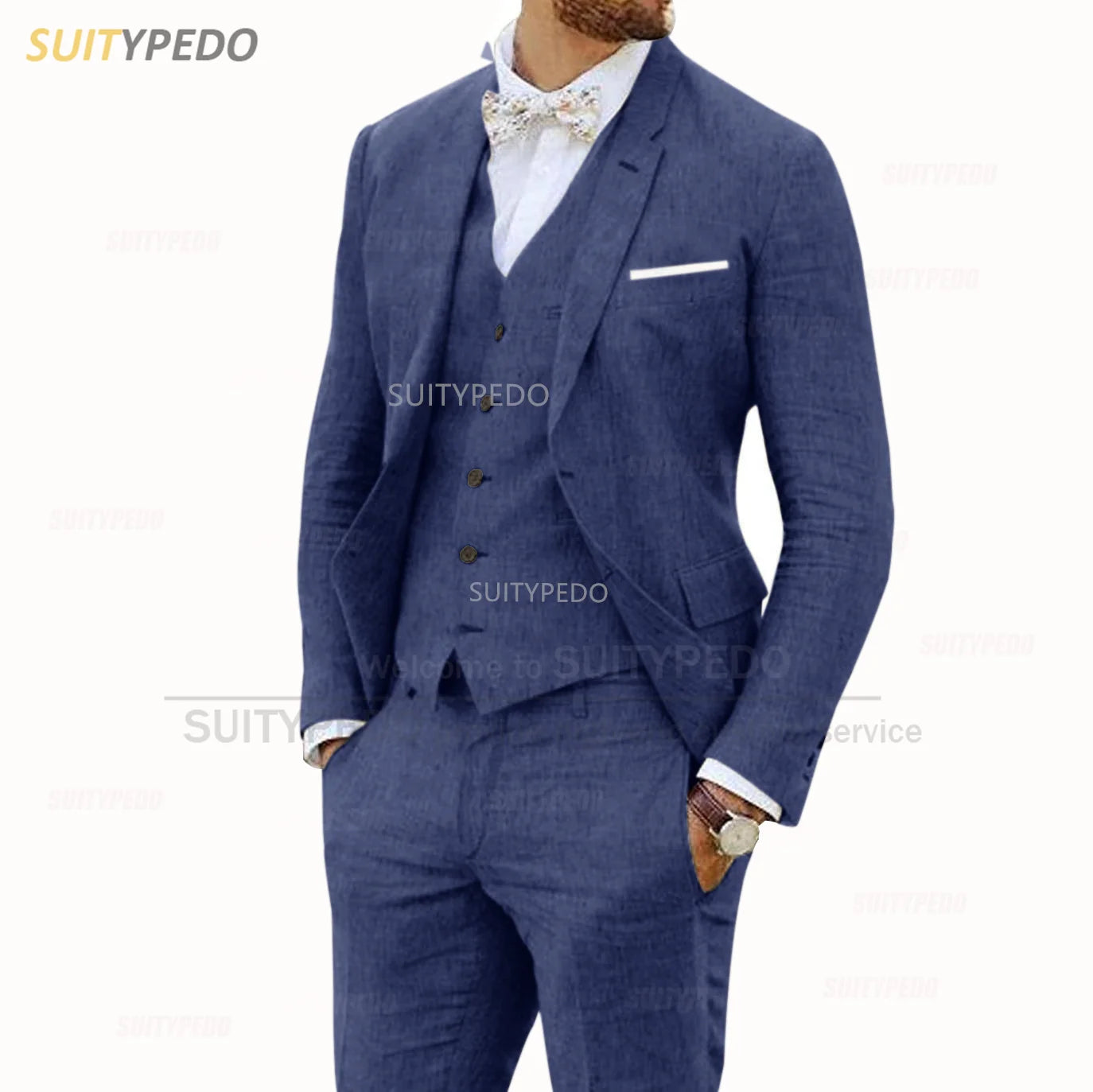 Linen Suits for Men 3 Pieces Casual Slim Fit Suit Blazer Vest Pants Set Formal Prom Wedding Tuxedos for Groomsmen Best Man