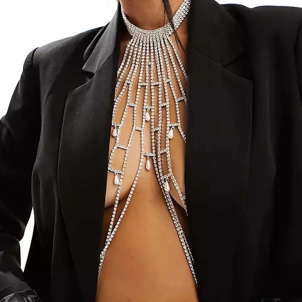 Pearl Mesh Chest Chain Jewelry Design Rhinestone  Lingerie Nightwear