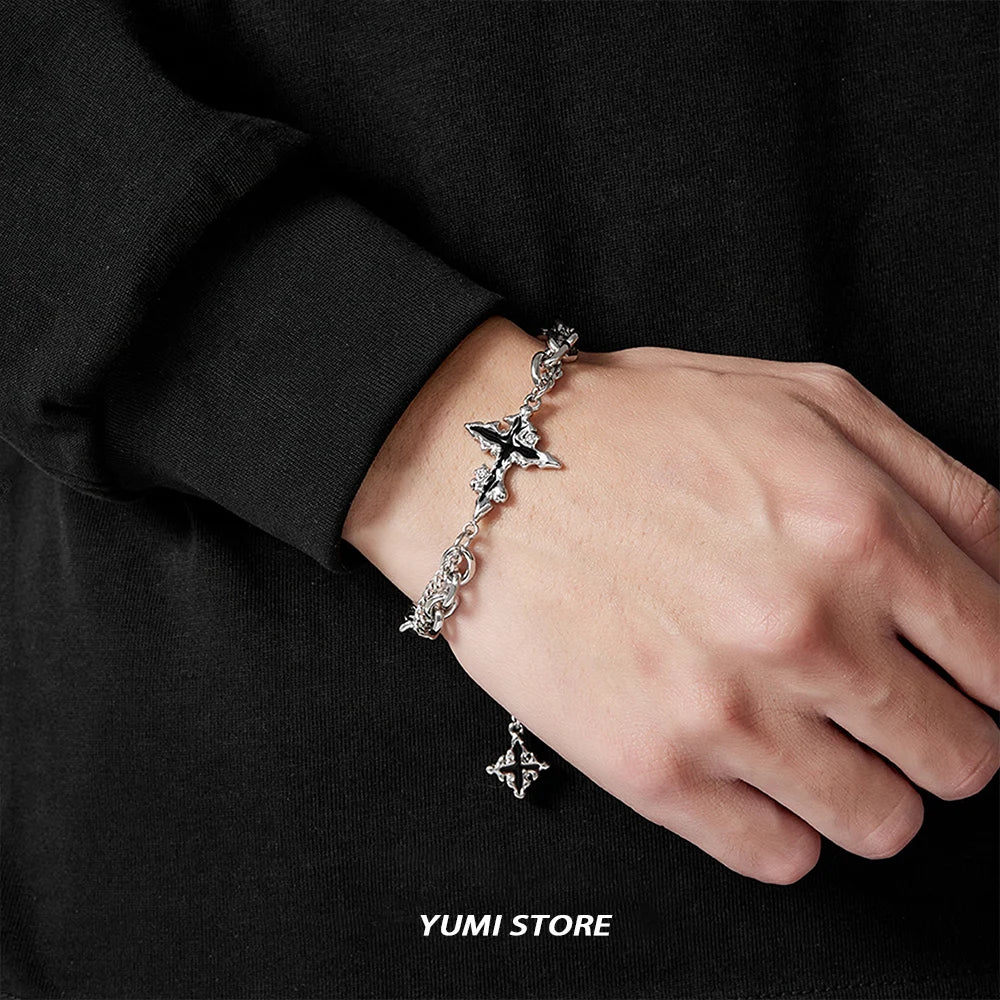Retro Flame Cross Bracelet For Men Woman Hip Hop Titanium Steel Splice Chain Charm Unisex Jewelry