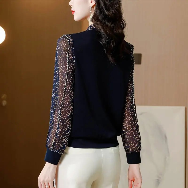 Bow Print Knitted Patchwork  Office  Chic Shirt V Neck Long Sleeve