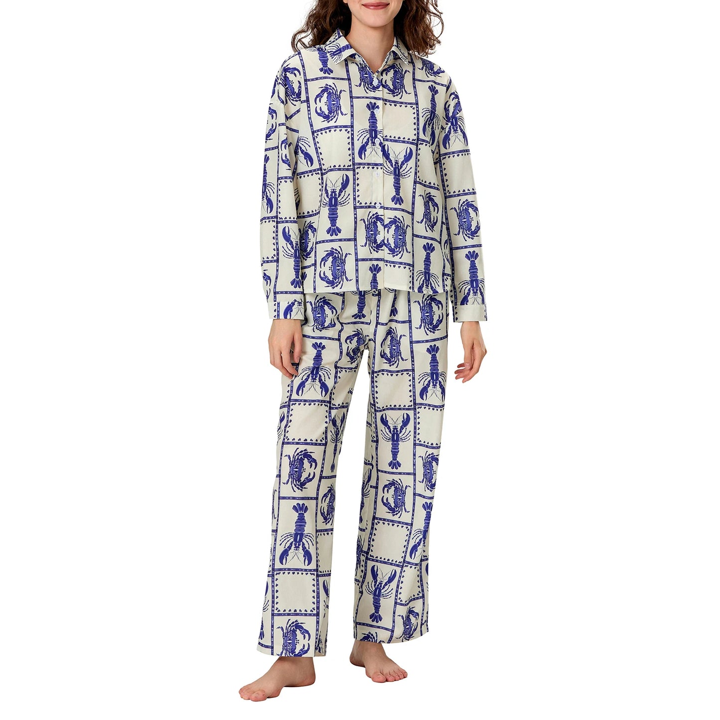 Women s Cute Lobster Print Button-Up Shirt with Matching Elastic Waist Pants - 2 Piece Set for Casual