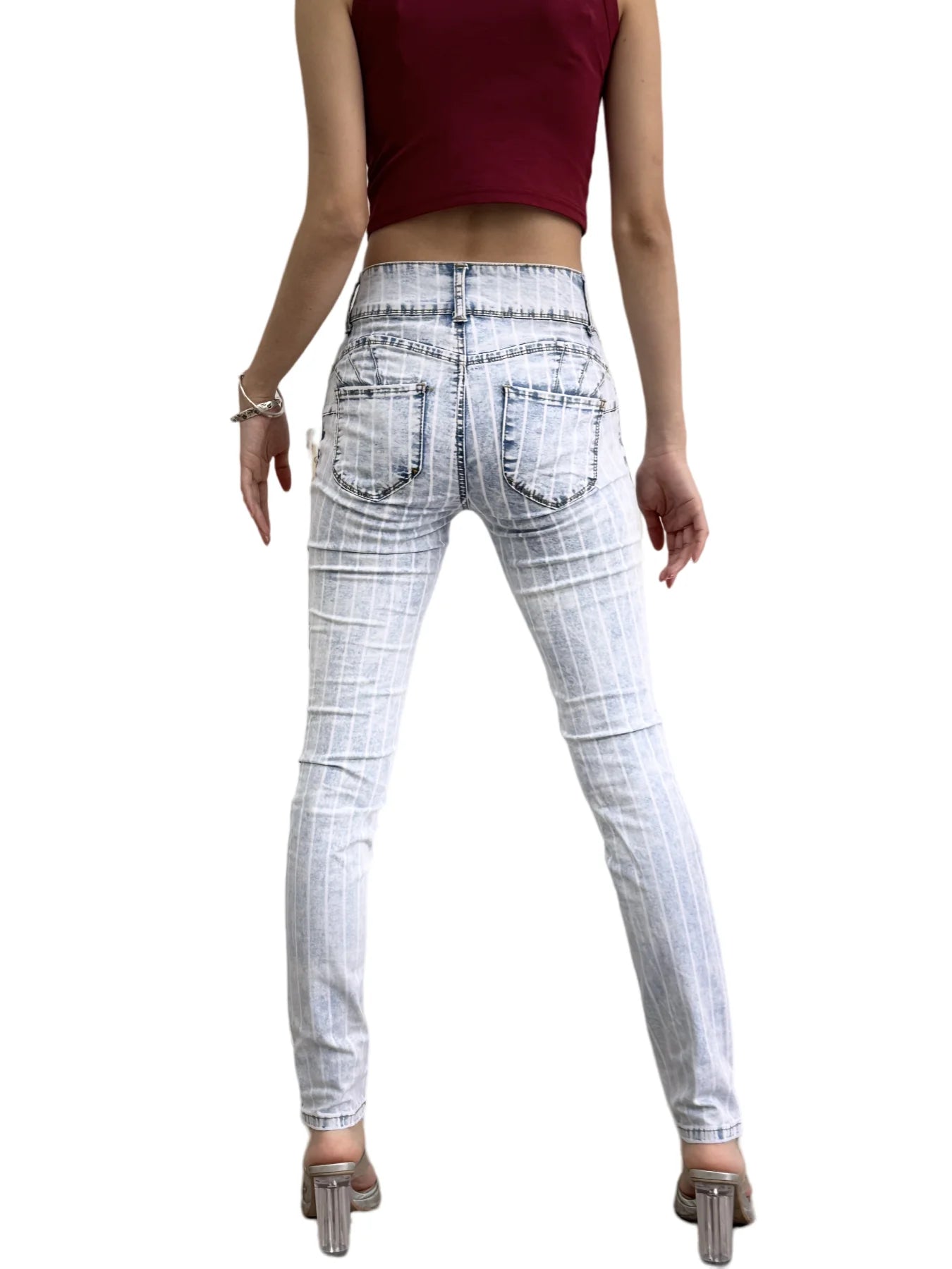 Women's stretch tight jeans, yarn-dyed striped fabric, rear hip lift design, suitable for all seasons