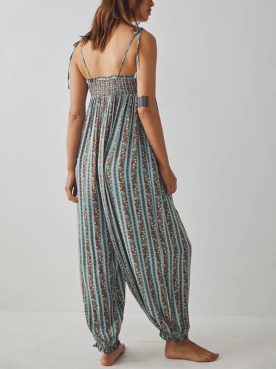 Women Summer Cami Jumpsuits Retro Floral Print Tie-Up Spaghetti Strap Sleeveless Long Rompers Fashion Loose