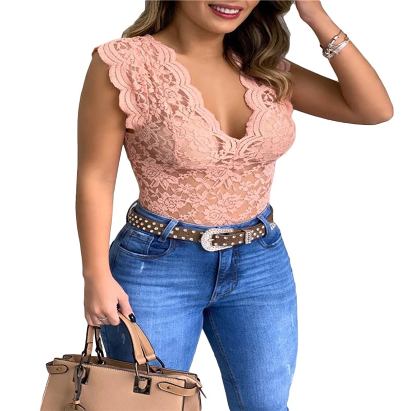 Women Tops Summer Sexy Lace Crochet  Casual Solid Color Trend Lace Hollow Out Top For Ladies