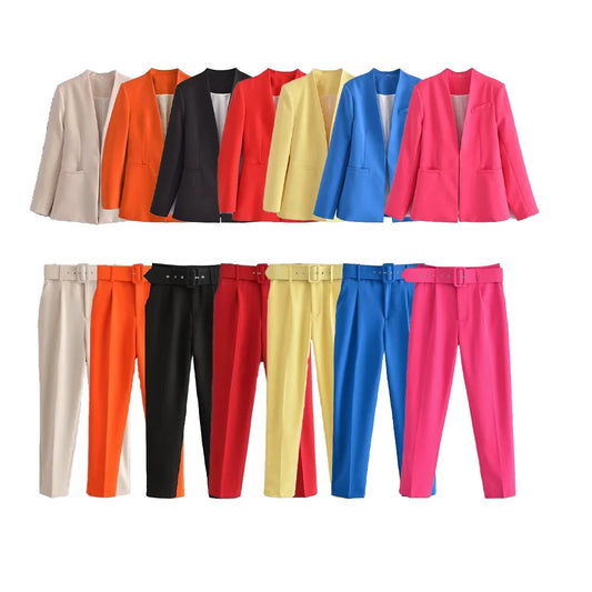 Casual Women's Wear Simple Fashion Solid Color Suit Top Straight Pants Set Two Piece Set Blazer Pants