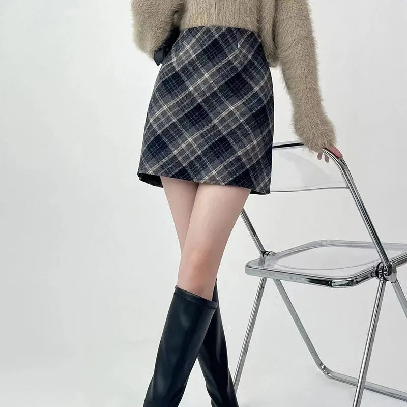 Woolen Plaid Mini Skirt  Retro High Waist A-Line  Tweed Skirt