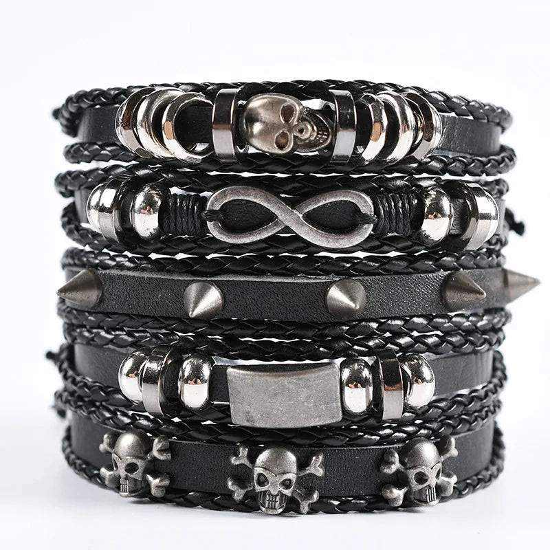 1 Fashion Bracelet Viking  Bracelet For Men Hand Bracelets Woven Skull Hand Jewelry Adjustable Leather Set Bracelet