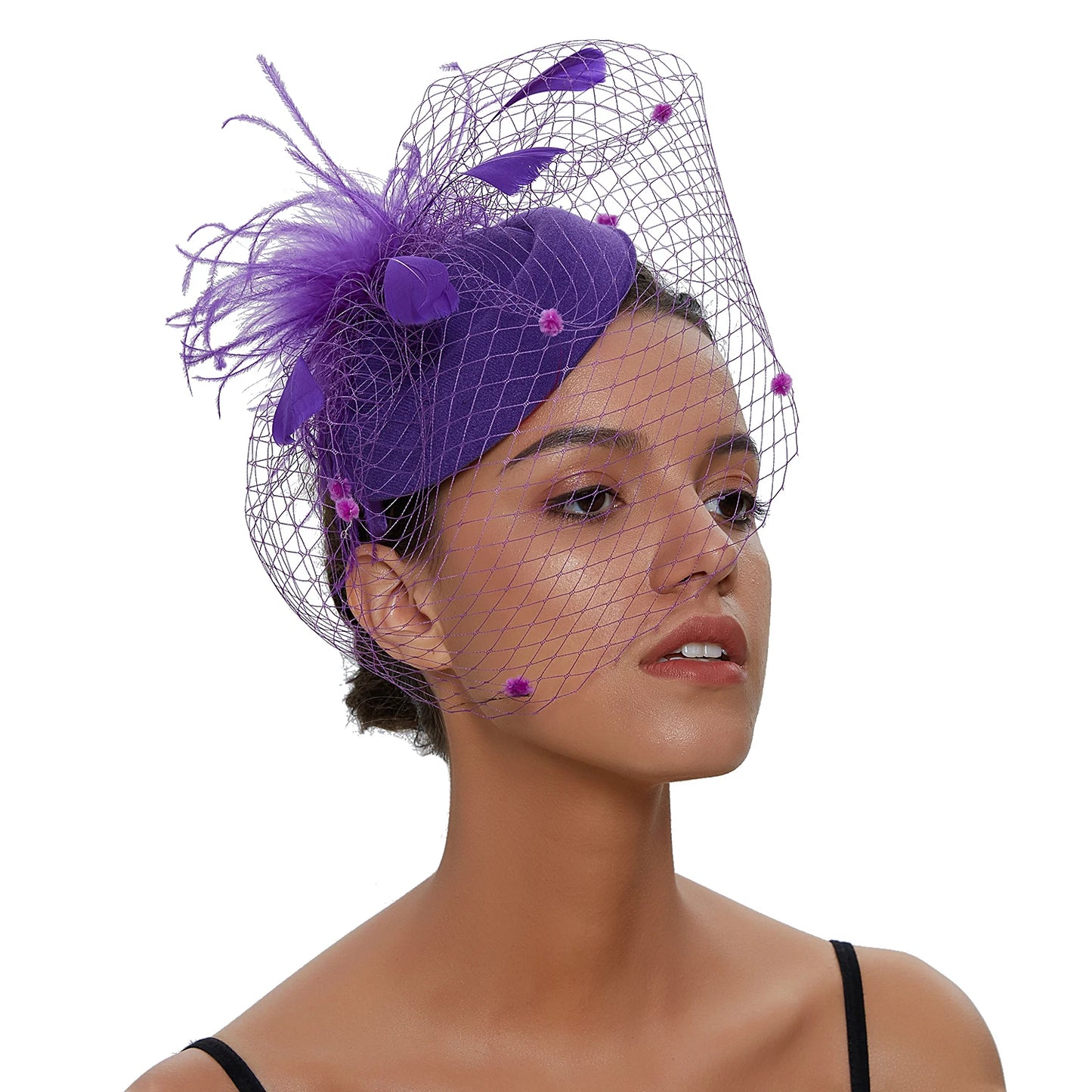 Women's Felt Fascinator Hat Fishnet Veil Small Plush Wave Point Decor Hair Clips  Cocktail Headwear Fascinator
