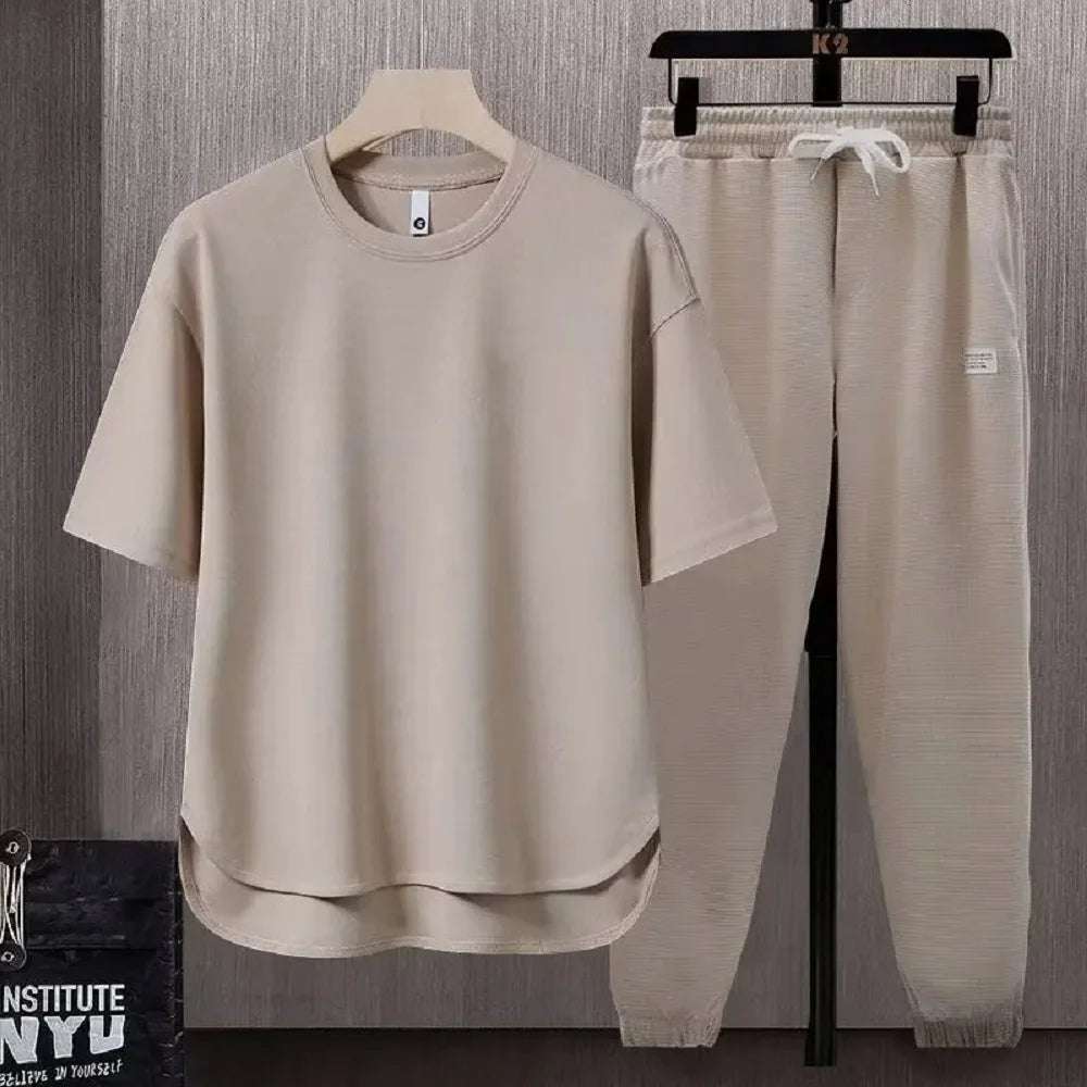 Summer Trend Loose Solid Color Breathable Men's Cotton Casual Short-sleeved Drawstring Pants Two-piece T-shirt Set