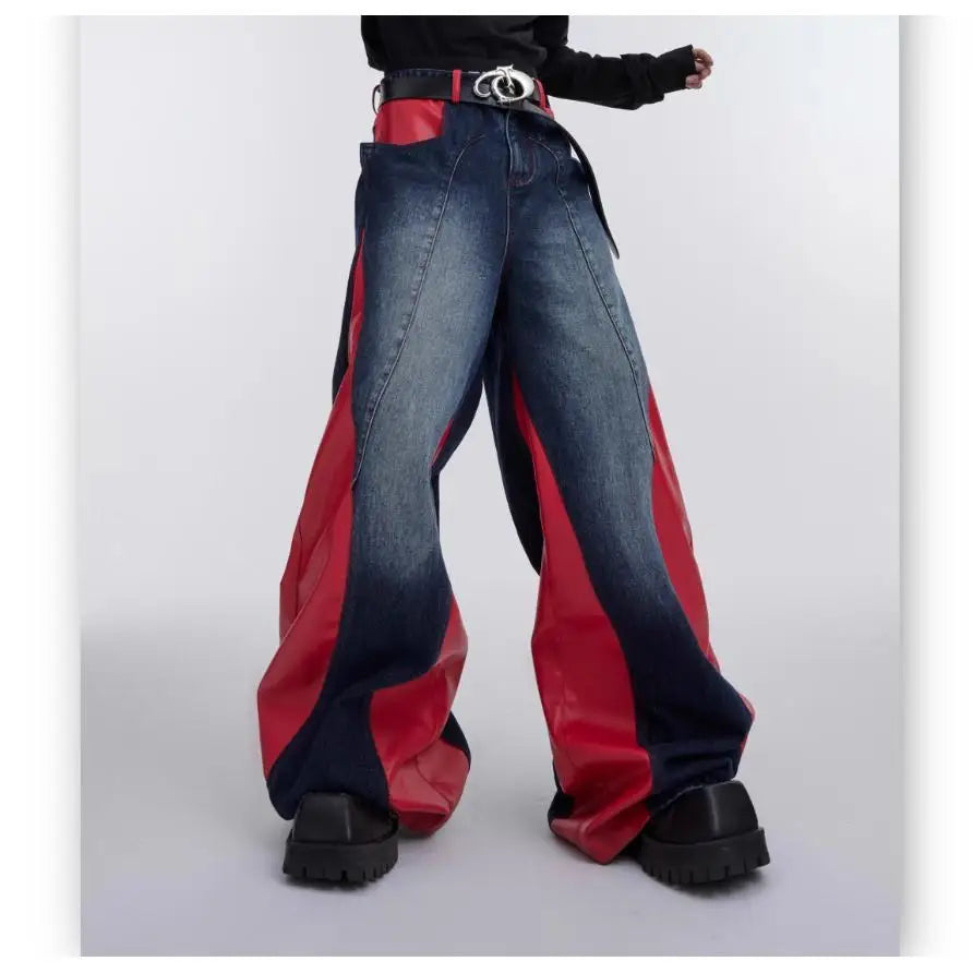 Retro Washed Splicing Jeans PU Leather Baggy Jeans Straight Casual Black Denim Trousers Streetwear