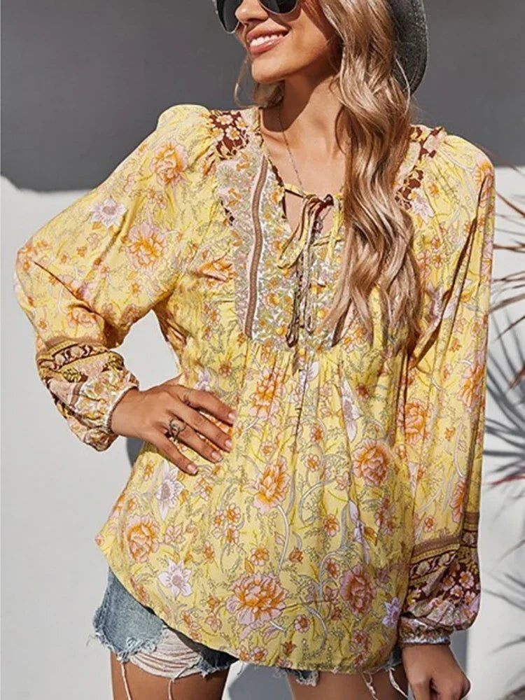 Vintage Lantern Sleeve  Bohemian Print Blouse