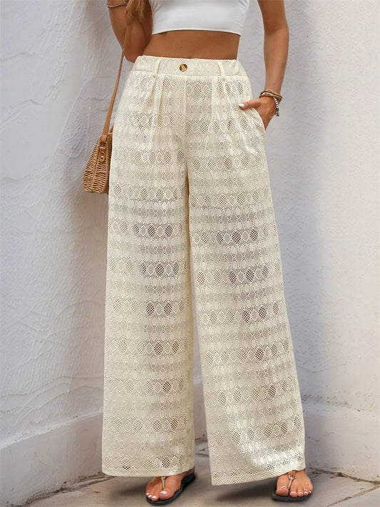 Women s Sheer Lace Palazzo Pants with High Waist and Side Pockets for a Stylish Streetwear Look