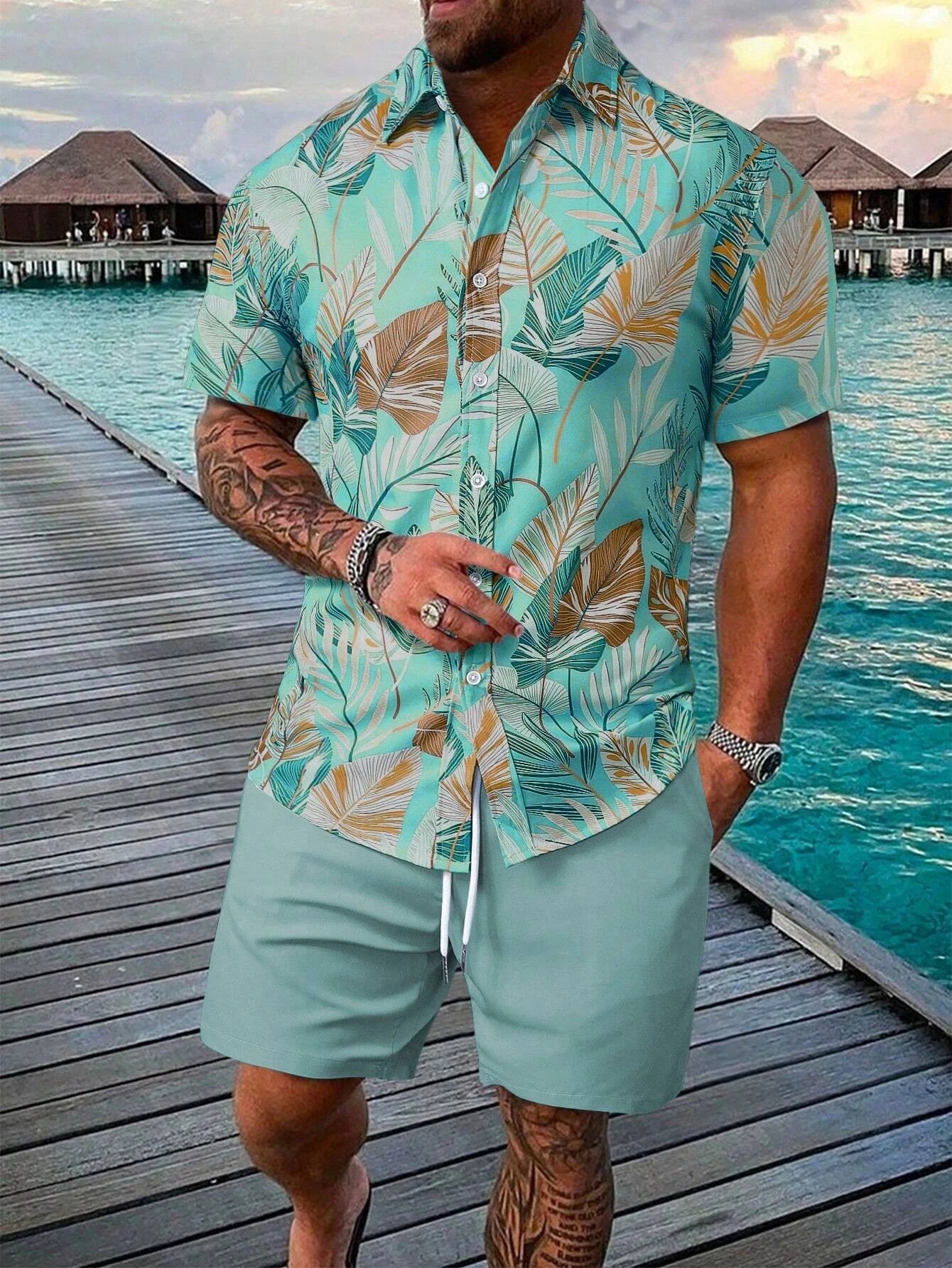 Summer Palm Tree 3D Print Men Shirts Beach Shorts Sets Hawaiian Short Sleeve Shirt Shorts 2 PCS  Hawaiian Suits Street Clothes