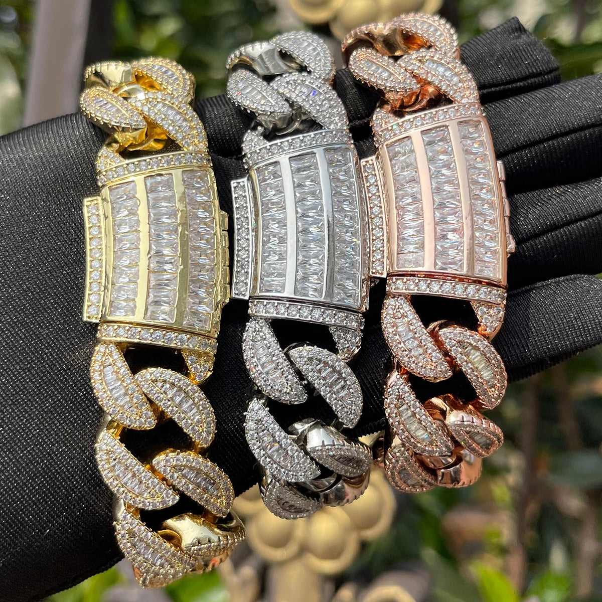Bubble Letter Baguette Cuban Link Bracelet for Men Iced Out Prong Setting Necklace Choker