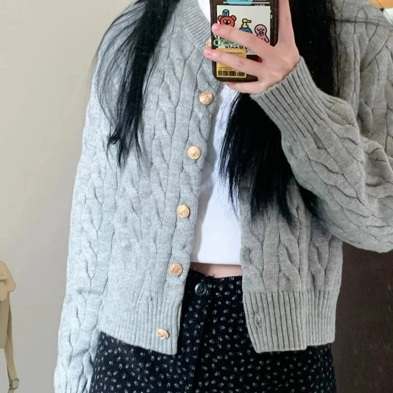 Vintage Long Sleeve Cardigan Women Sweater O-neck Elegant Knitted Top Fashion Autumn Grey Knitwear