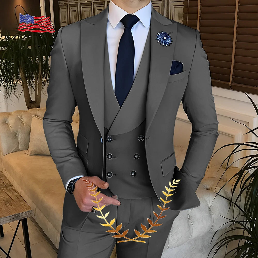 Men's Suit Jacket Pants Vest 3-piece Set Slim Fit Handsome Men Blazer for Party