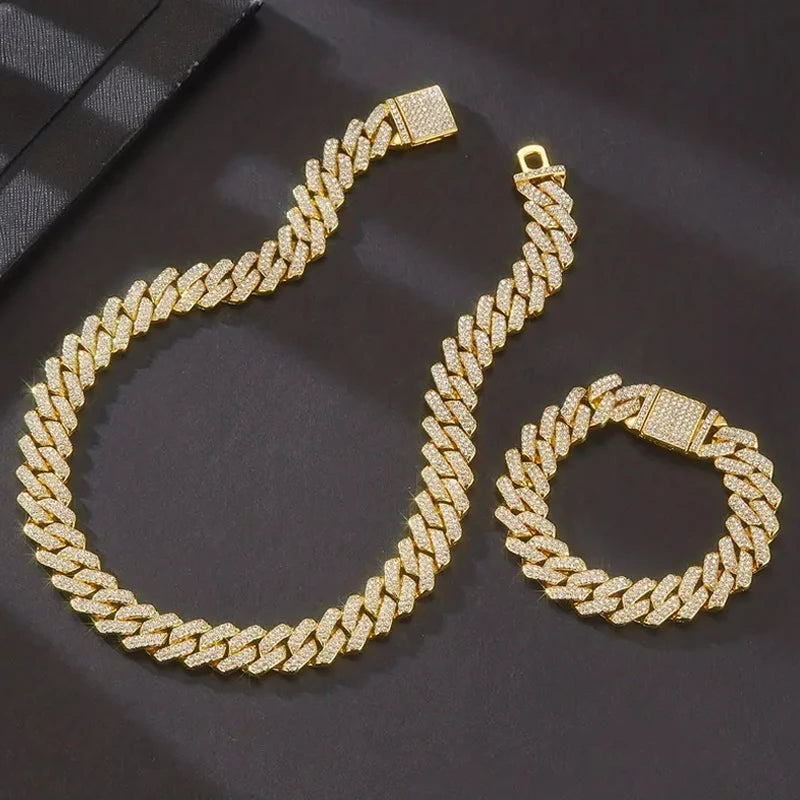 3pcs Necklace+Bracelet+Watch Cuban Chain Watch for Men Hip Hop Miami Curb Iced Out Paved Rhinestone Rapper Cuban men Jewelry set