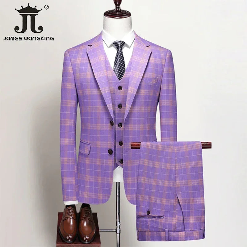 ( Blazer + Vest + Pants ) Boutique British Style Men's Suit Plaid Dress Business Casual Formal Suits 3Pcs Set