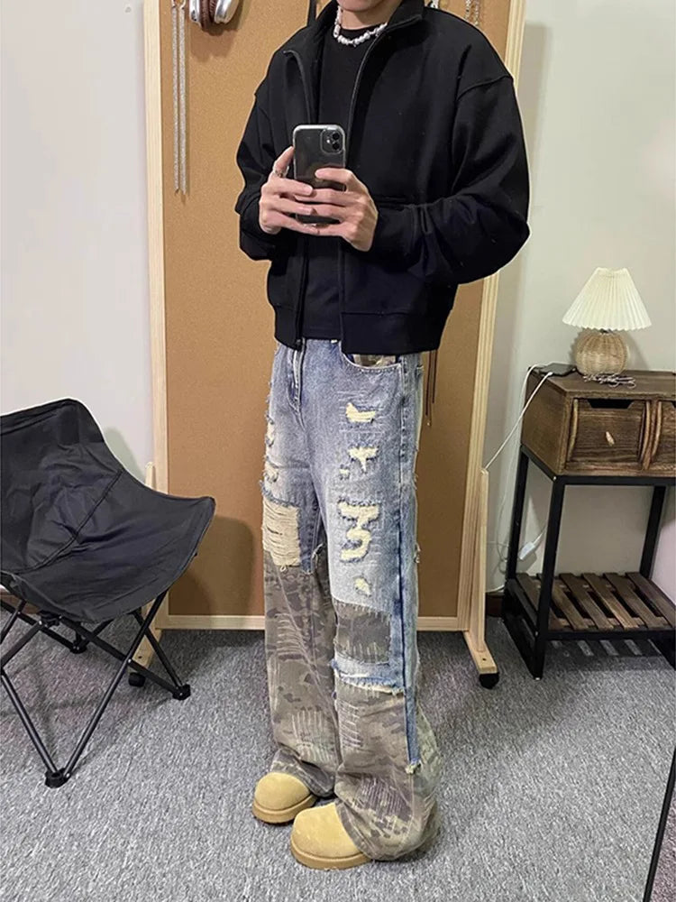 American Hip Hop Clothes Vintage Pants Design Camo Patchwork Jeans  Casual Straight Leg Pants designer clothes