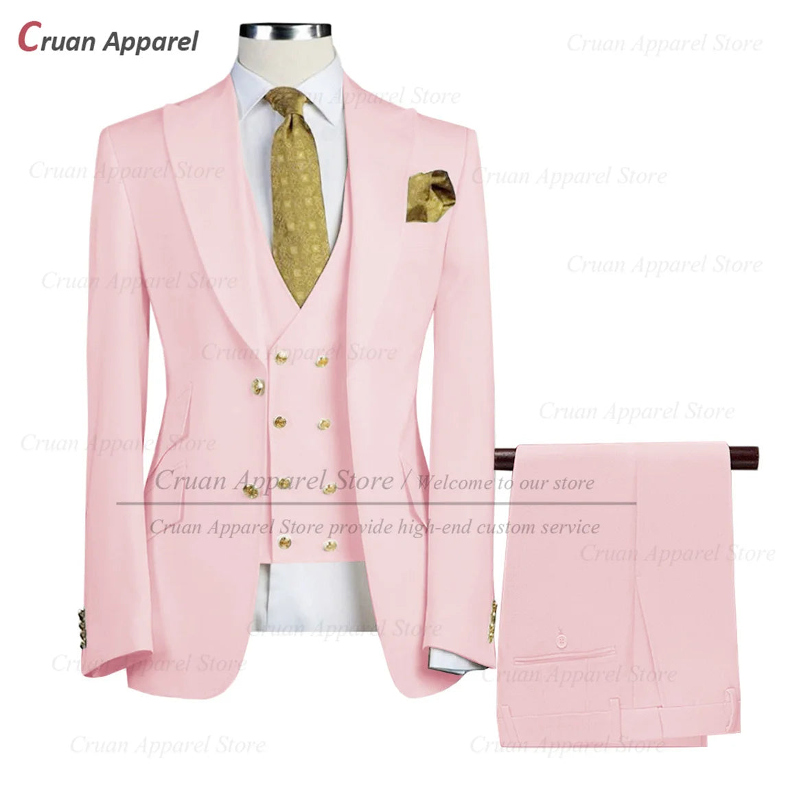 Tailor-made Brand Suits for Men Slim fit Prom Wedding Groom Tuxedo Set Party Gold Buttons Blazer Vest Pants 3 Pieces