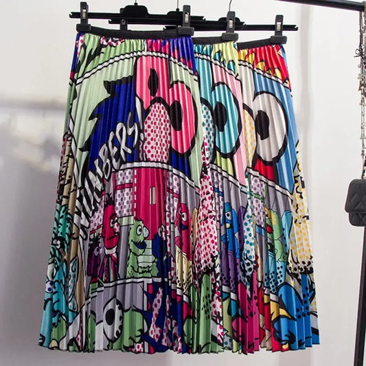 Cartoon Print Pleated  Long Skirt High Waist A-Line