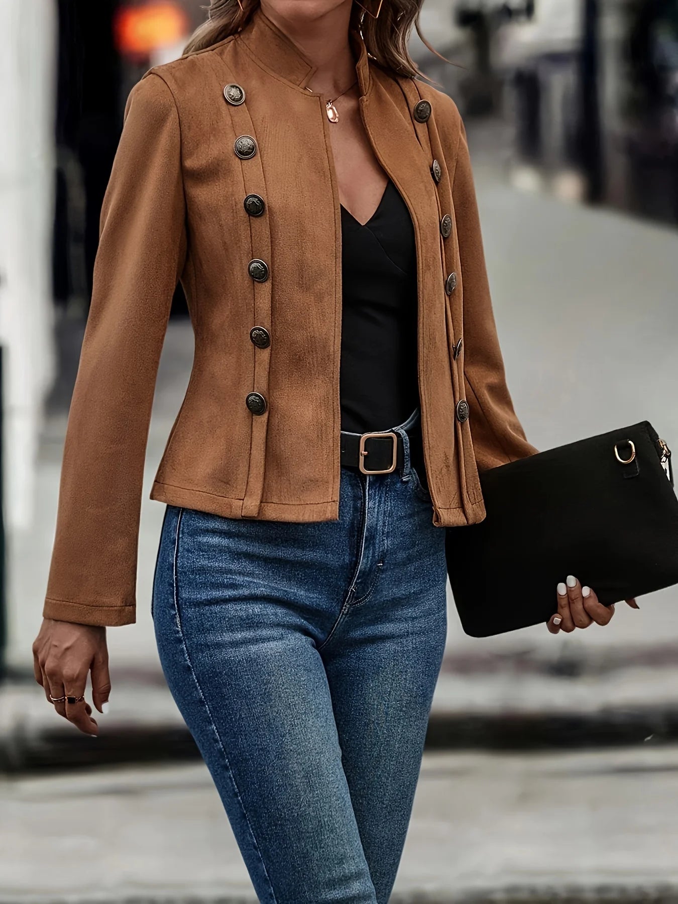 solid color decorative double breasted jacket deer fur velvet retro long sleeved jacket