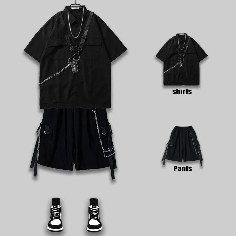 ARENS Techwear Goth Gothic Clothing Men's Shirt Short Sleeve Male Shirt Punk Rave Men's Shorts Set Streetwear Hip Hop Hippie