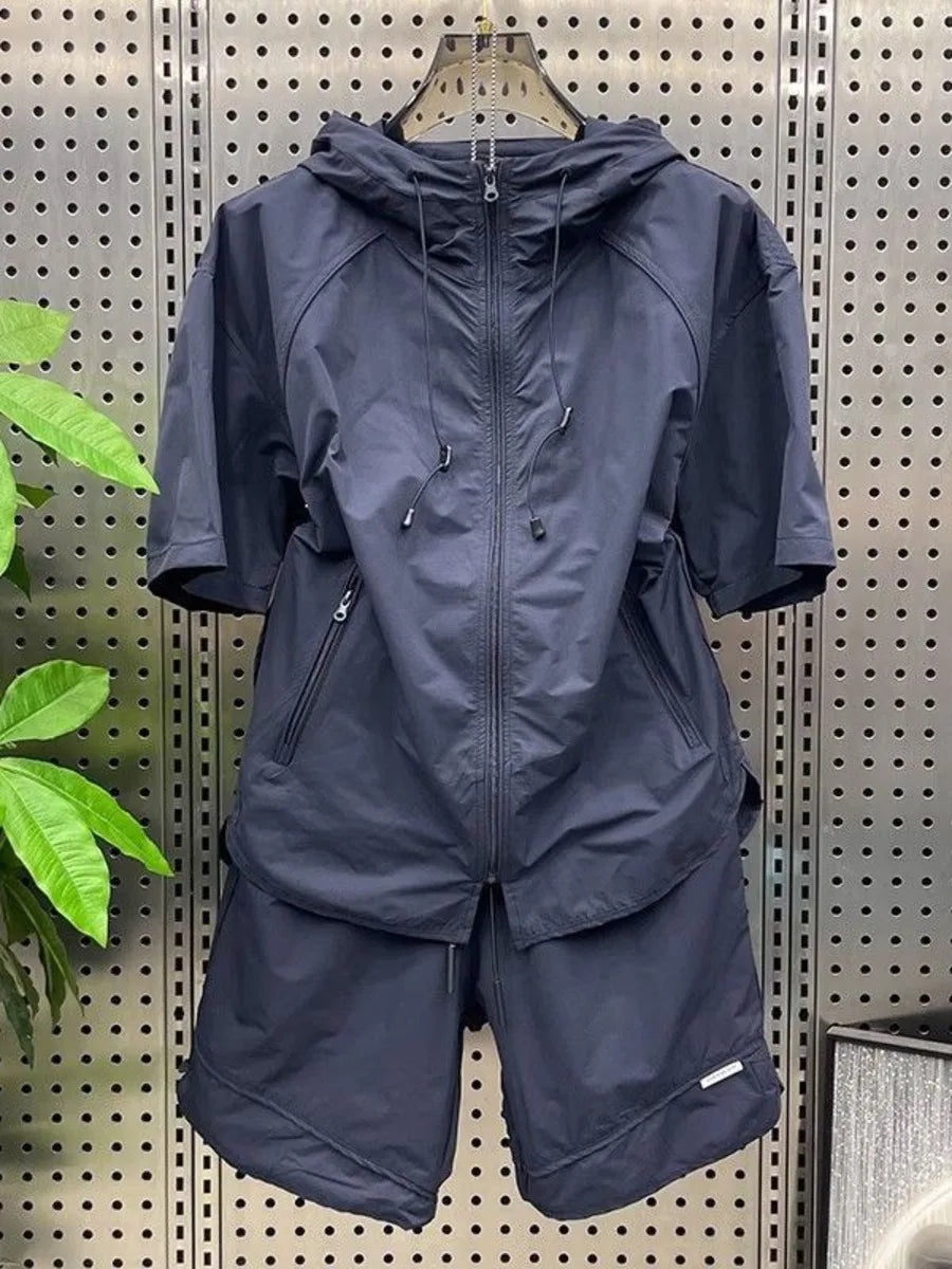 Summer Men Tracksuit Chic Hooded Quick Drying Set Short Sleeve Shorts Casual Zip Shirt  Loose Two Piece Set