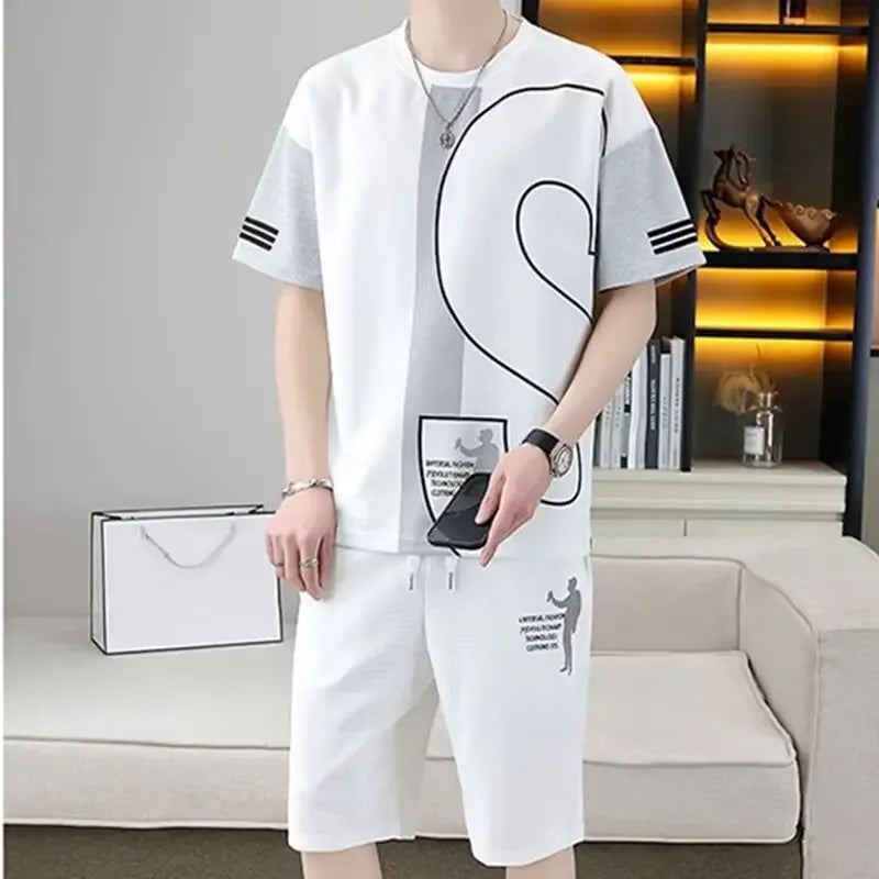 Men's sets Waffle Summer Casual T shirt  + Shorts Suit basketball Tracksuit Letter print Solid color tracksuit loose suit