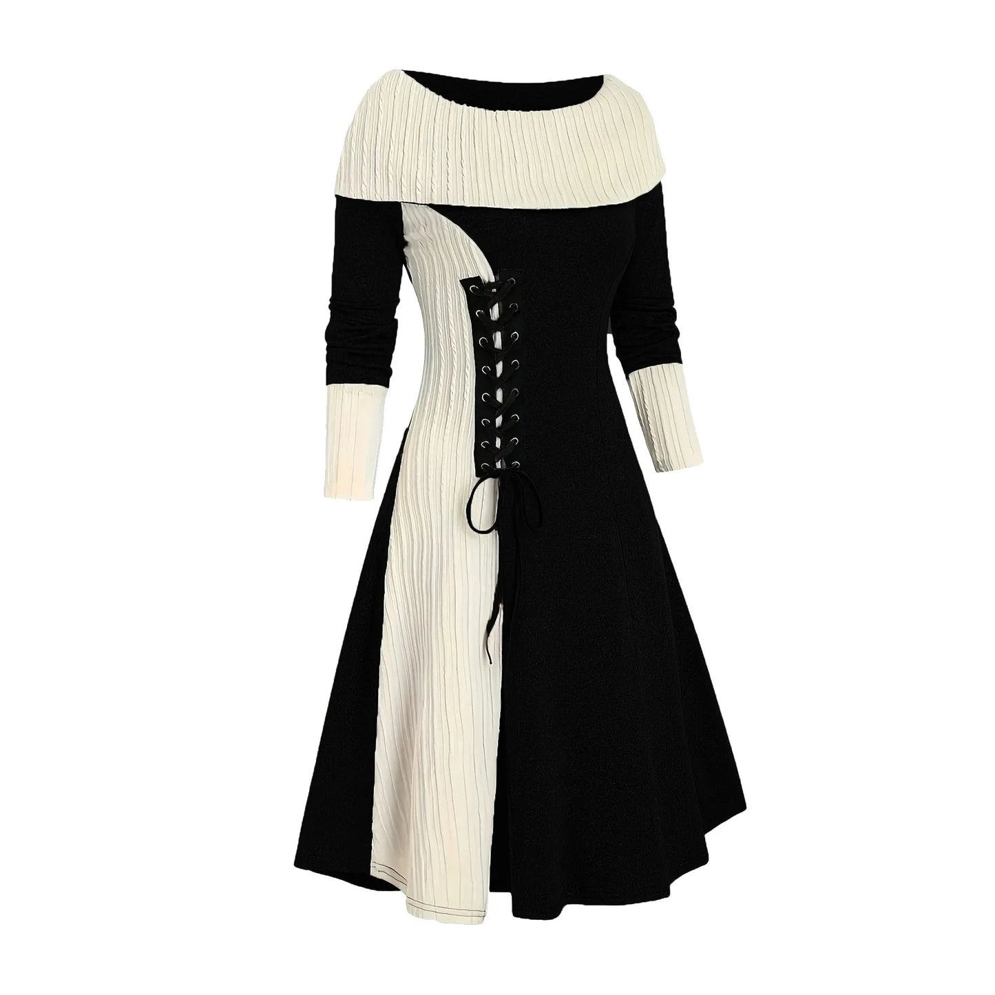 Women's Sweater Dress Cable Knitted Crew Neck Lace Up Bodycon Long Dress High Waist Party Dress