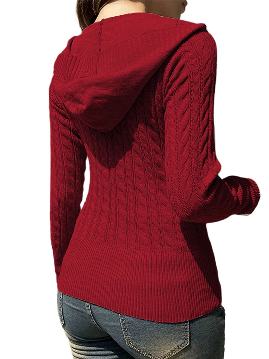 Ladies Cozy Fall Hooded Sweater with Classic Cable Knit Design Stylish V-Neckline and Warm Long Sleeves for Chilly Days