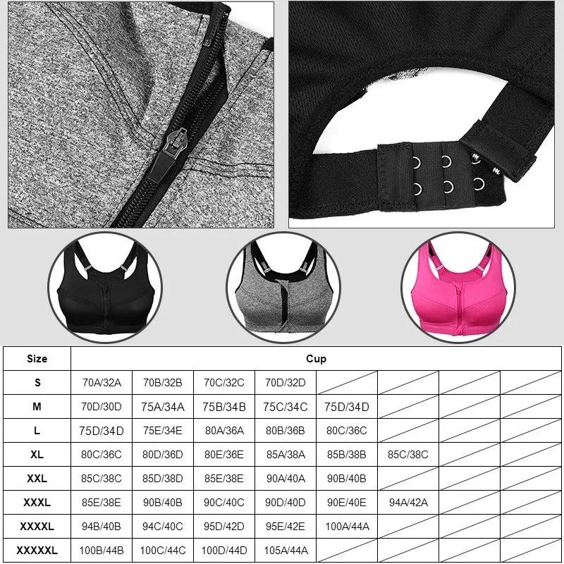 Sports Top Yoga Bra Shockproof Gym  Front Zipper  Push Up