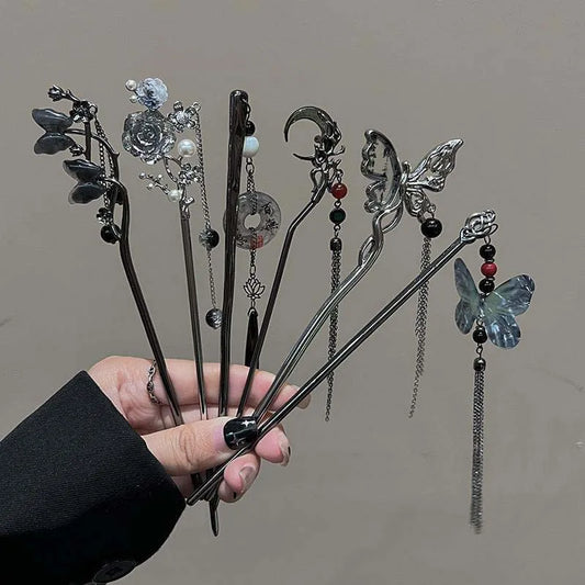 Chinese Style Butterfly Flower Tassel Hair Stick for Women Vintage Metal Chopstick Hair Sticks Hair Accessories
