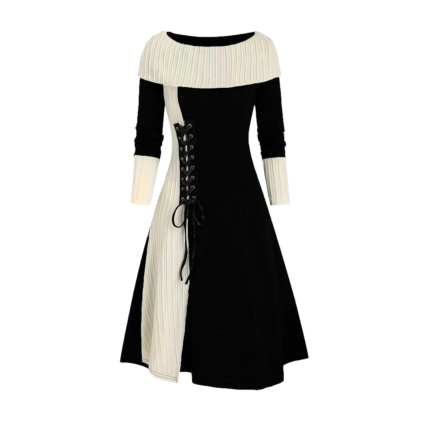 Women's Sweater Dress Cable Knitted Crew Neck Lace Up Bodycon Long Dress High Waist Party Dress