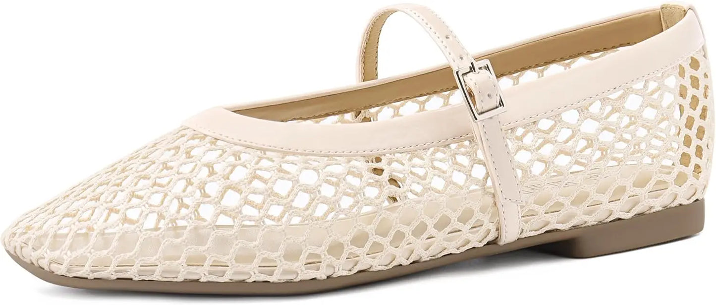Mesh Ballet Flats for Women Comfortable Square Toe Ballerina Flats Buckle Strap Casual Fishnet Flat Shoes