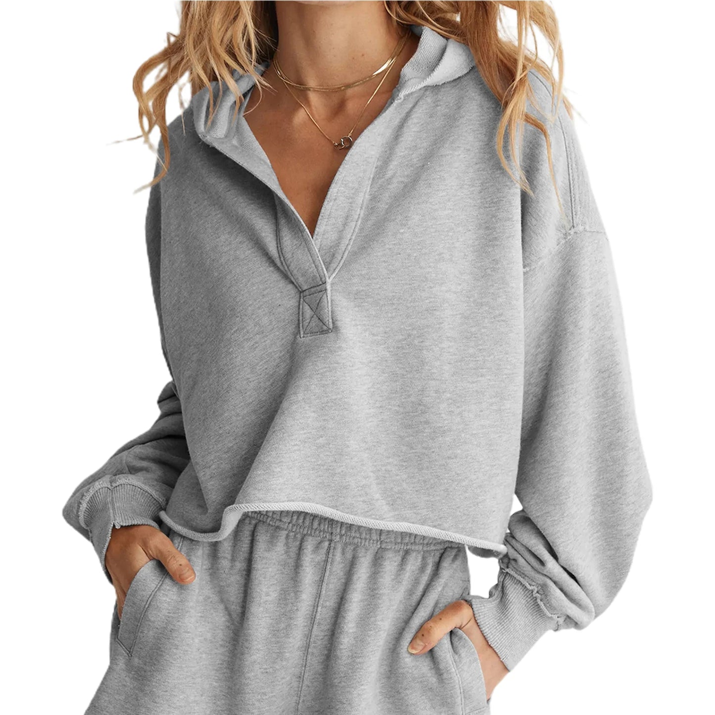 Women's Spring Autumn Hooded Sweatshirt Long Sleeve Solid Color V Neck Crop Hoodie