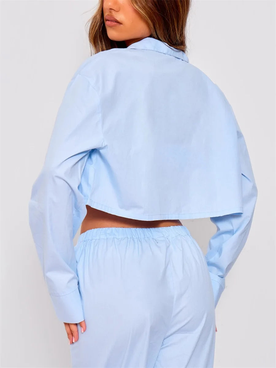 Elegant Women s Pajama Set with Lapel Neckline Button-up Crop Top Long Sleeve and Matching Long Pants