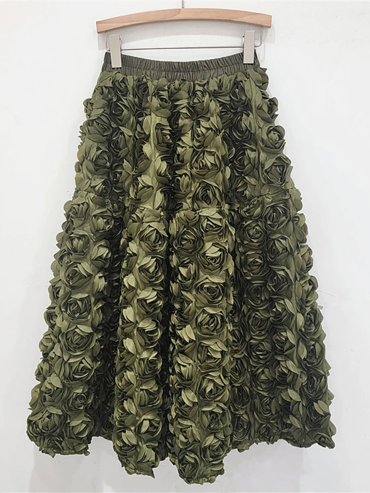 A-line 3d Rose Flowers Design Pleated  Long Skirt