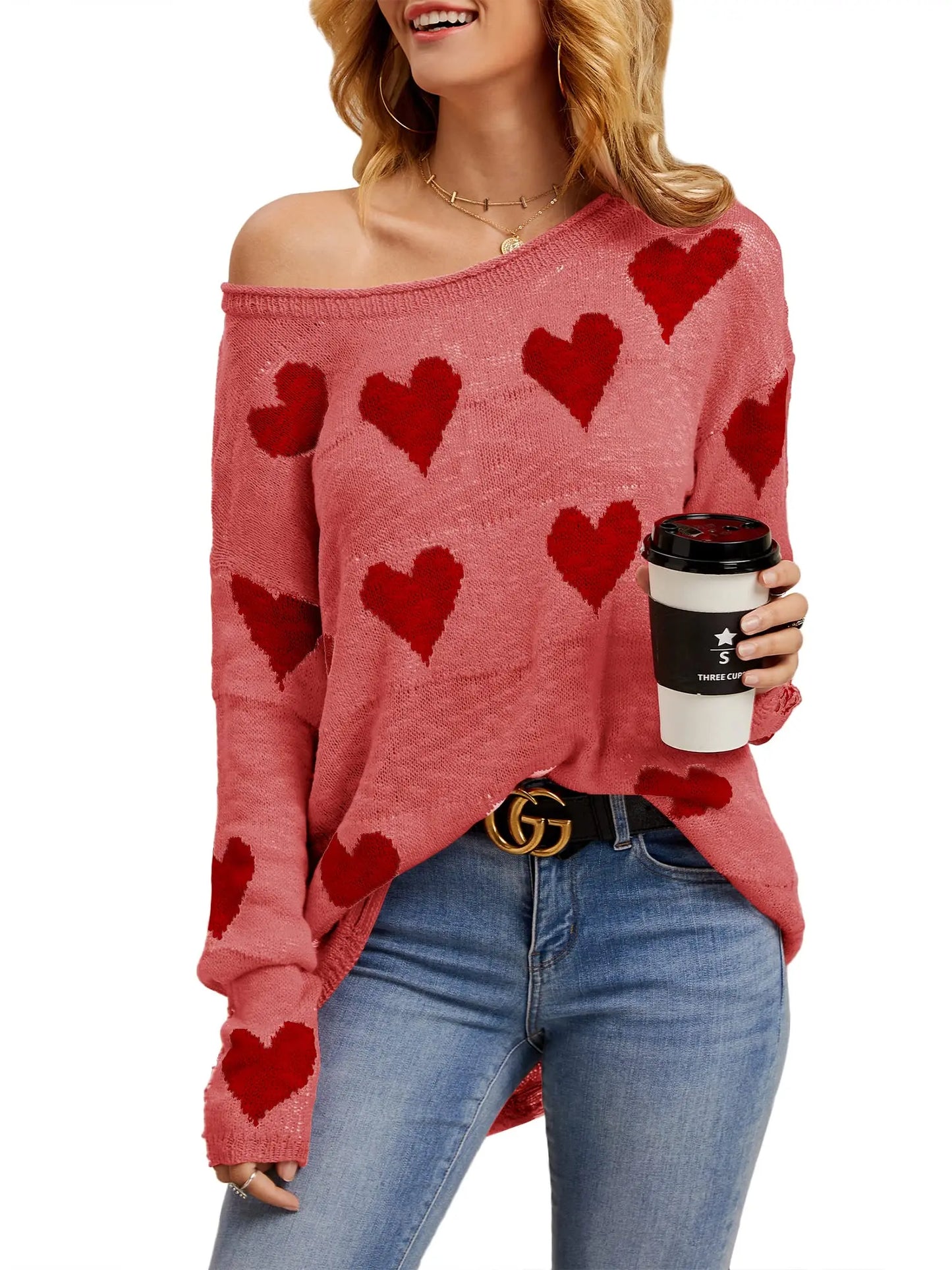 Cute Heart Print Sweaters Oversized Off The Shoulder Loose Knitted  Pullover