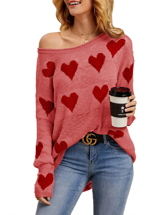 Cute Heart Print Sweaters Oversized Off The Shoulder Loose Knitted  Pullover